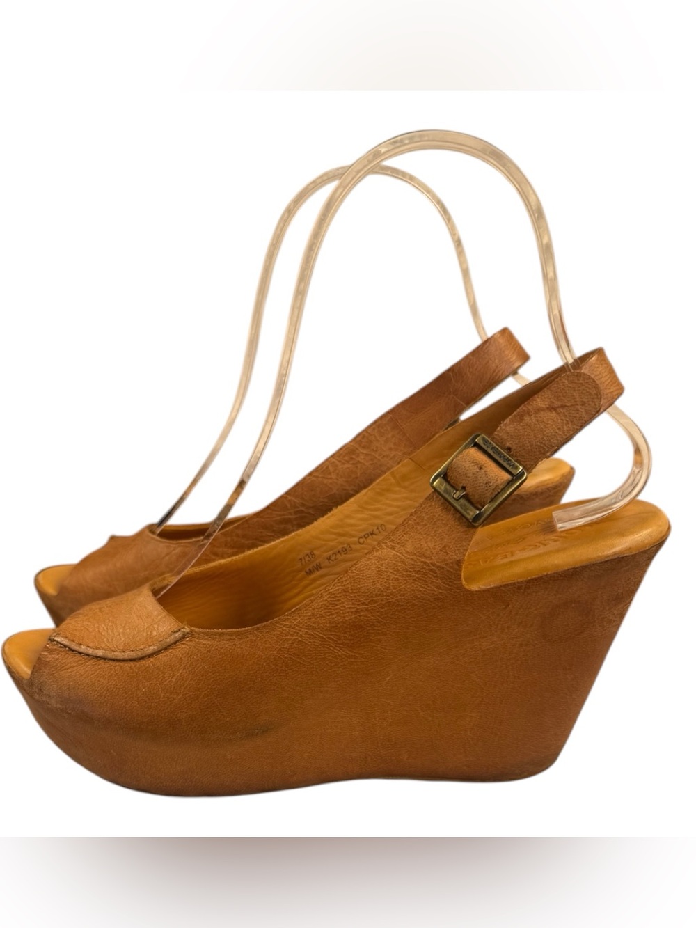 Kork-Ease Camel Leather Peep Toe Slingback Wedge Sandals‎ Size 7/38